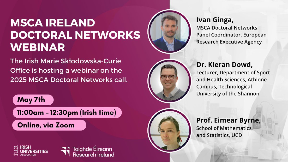 MarieS-Curie Ireland (@mariescurie_ire) on Twitter photo 👉Register now! The MSCA Ireland Doctoral Networks Webinar takes place on 7 May (11:00-12:30 Irish Time). Save your spot now: us02web.zoom.us/webinar/regist……
📷Speakers include: Ivan Ginga, <a href="/REA_research/">European Research Executive Agency</a>
Dr Kieran Dowd, <a href="/TUS_ie/">Technological University of the Shannon</a>
Prof Eimear Byrne <a href="/UCDMathStat/">UCD Maths and Stats</a> 👉Register now! The MSCA Ireland Doctoral Networks Webinar takes place on 7 May (11:00-12:30 Irish Time). Save your spot now: us02web.zoom.us/webinar/regist……
📷Speakers include: Ivan Ginga, <a href="/REA_research/">European Research Executive Agency</a>
Dr Kieran Dowd, <a href="/TUS_ie/">Technological University of the Shannon</a>
Prof Eimear Byrne <a href="/UCDMathStat/">UCD Maths and Stats</a>