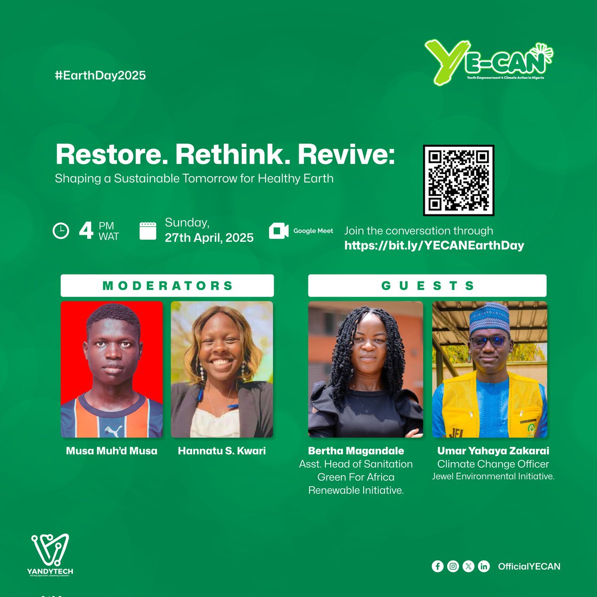 This Earth Day, we’re going beyond awareness, We’re coming together to Restore, Rethink, Revive.

Join us this Sunday, April 27 at 4PM as we spark bold conversations on climate action with young changemakers across Nigeria.

Save your spot: 🔗 bit.ly/YECANEarthDay  

#EarthDay