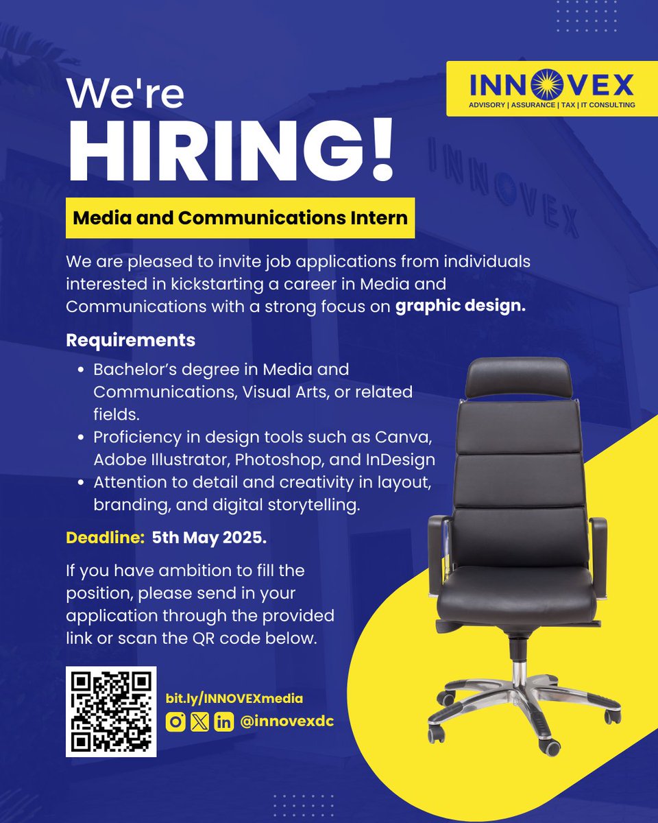 innovexdc's tweet photo. We're hiring a Media &amp; Communications Intern 🎨
Got an eye for design and a passion for digital storytelling?

Join our team at INNOVEX and grow your skills in a dynamic environment.

🗓 Deadline: 5th May 2025
🔗 Apply: https://t.co/NulqvqcV4b https://t.co/Dy7vXvxXn6