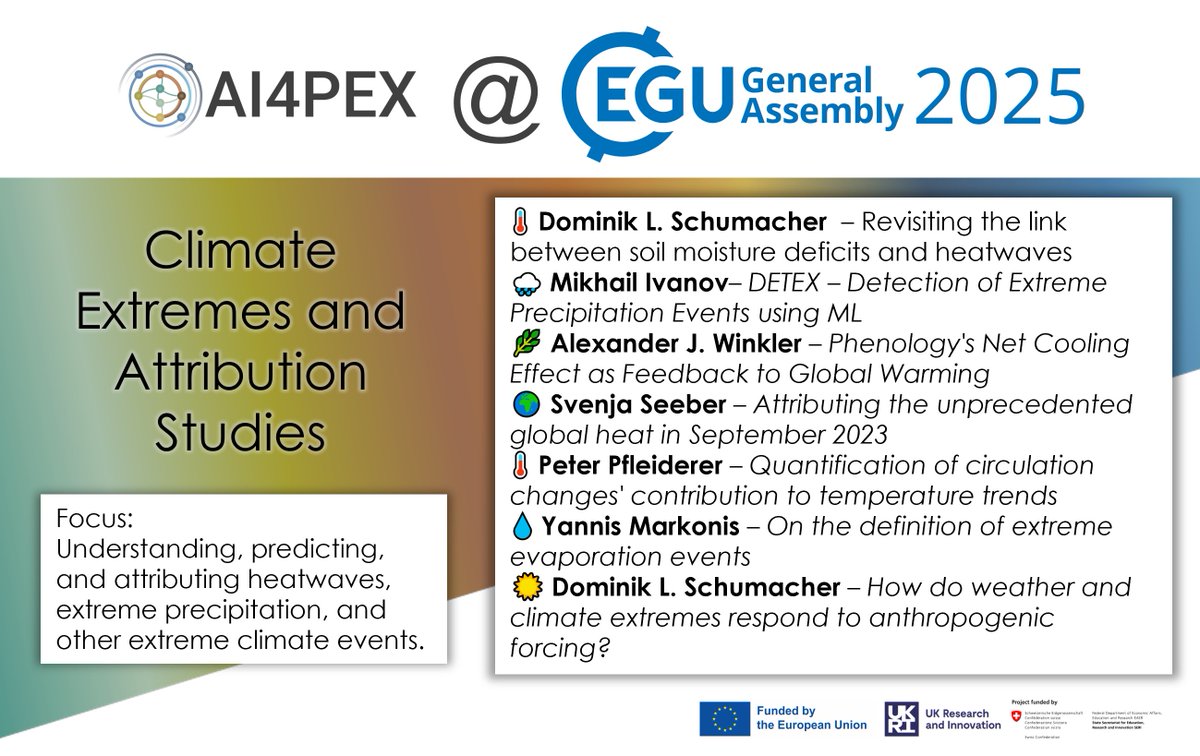 🔥 Heatwaves, flash floods &amp; weird weather? We’re digging into climate extremes at #EGU25 and how these events link to climate change.  

⚡️ Catch talks by Schumacher, Ivanov, Seeber, and more!  

#ExtremeClimate #WeatherEvents #EGU25 #ClimateScience