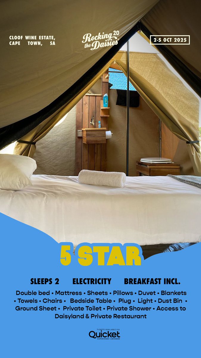 Daisyland camping just went live! 🌼

Mattress on the ground, crew in a pod, or full-blown festival luxury - we’ve got you.

quicket.co.za/events/295271-…

#RTD2025 #Daisyland