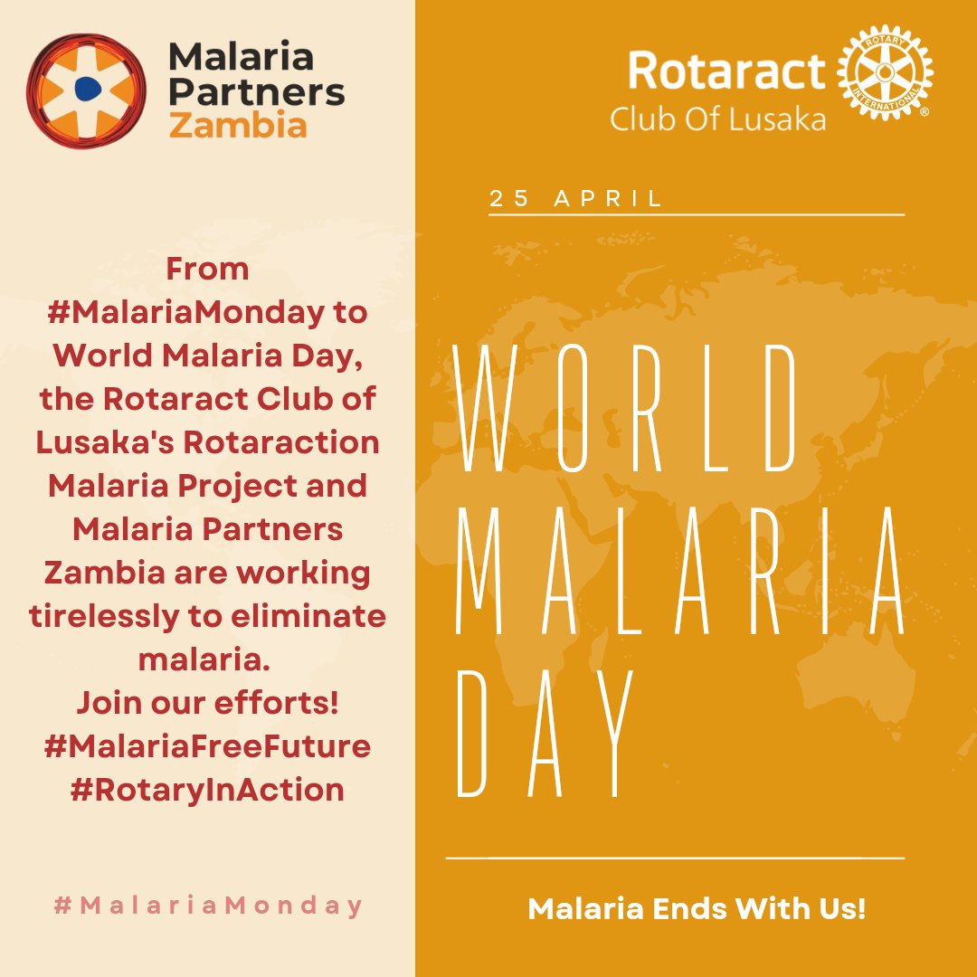 LusakaRotaract's tweet photo. The Rotaract Club of Lusaka's Rotaraction Malaria Project and Malaria Partners Zambia are committed to impactful action against malaria, extending our efforts from our weekly #MalariaMonday campaign to World Malaria Day.
We invite you to join us! #RotaryInAction https://t.co/TySkLTllfp