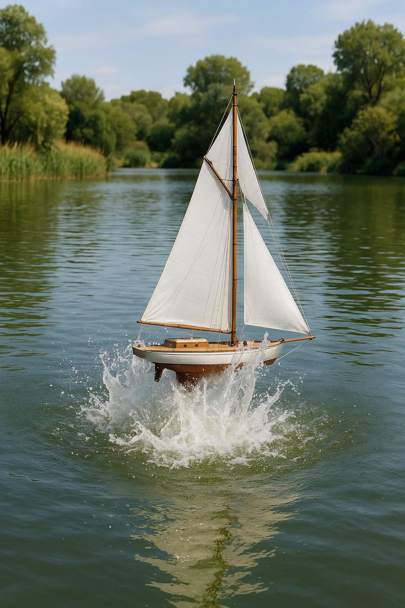 Mi personaje paseaba por la laguna grande de Torrox cuando cerca del pequeño islote central vio un borboteo en el agua. Empezó a crecer, convirtiéndose en una fuente acuática. De ella salió algo. Un barco. Un velero de modelismo. Con una chapa que indicaba MADE IN NEW ZELAND.