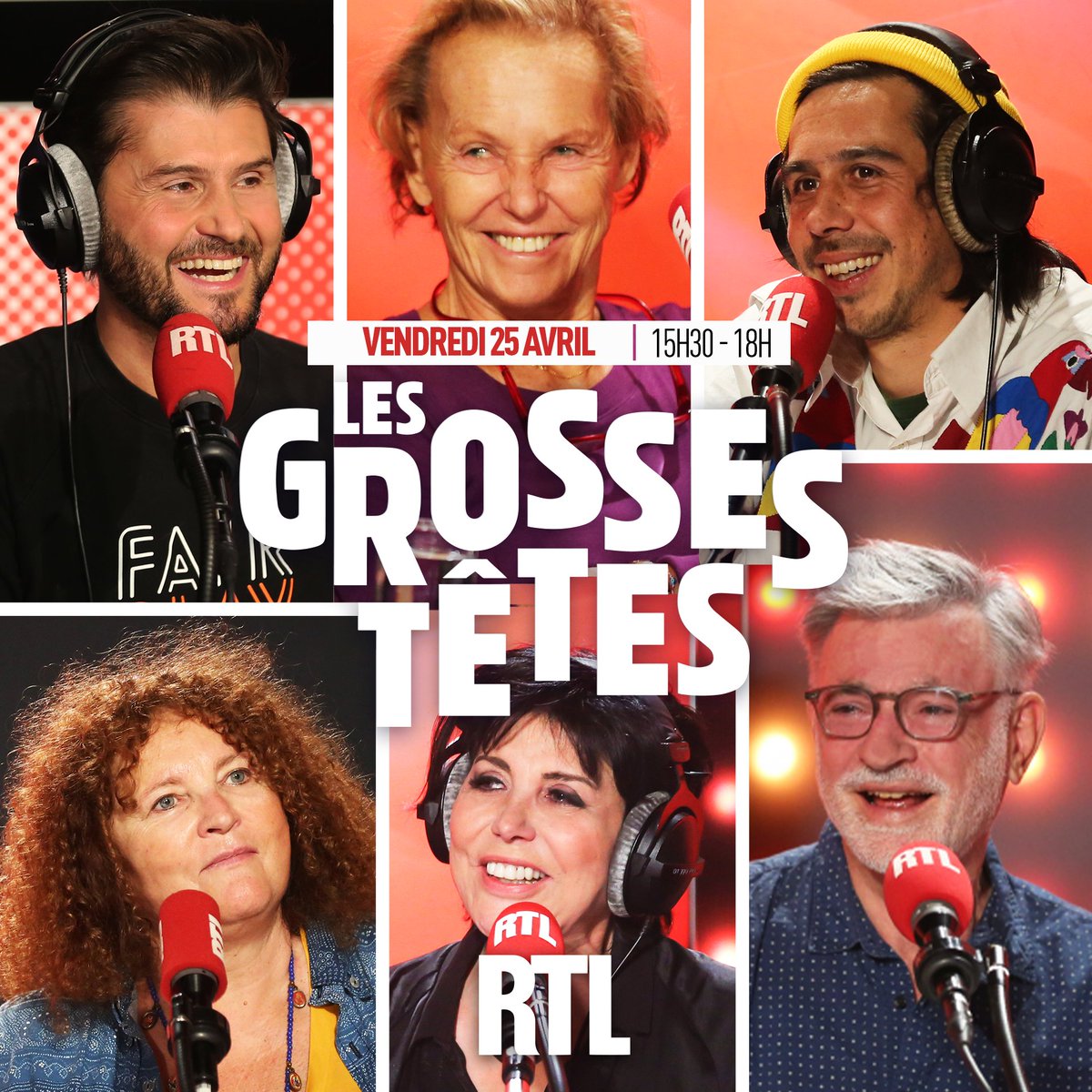 GrossesTetesRTL's tweet image. 📻🤩🎙️Bonjour à tous ! Découvrez vos Grosses Têtes de ce vendredi 25 avril ! Autour de Laurent @ruquierofficiel aujourd'hui :

🎭 #ValerieMairesse
📺 @Tof_Beaugrand 
🎤 #LianeFoly
🎞️ #Esteban
📖 #OlivierBellamy
📰 #ChristineOckrent

⏰ Coup d'envoi de l'émission : 15h30 sur #RTL