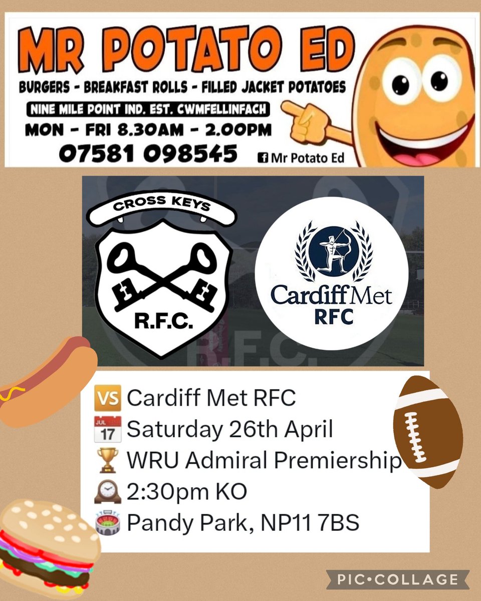 <a href="/MrPotatoEd2/">Mr Potato Ed</a> will be at Pandy Park tomorrow for <a href="/crosskeysrfc/">Cross Keys RFC</a> v <a href="/CardiffMetRFC/">Cardiff Met RFC</a> 
Cash preferred but card accepted 💸💳