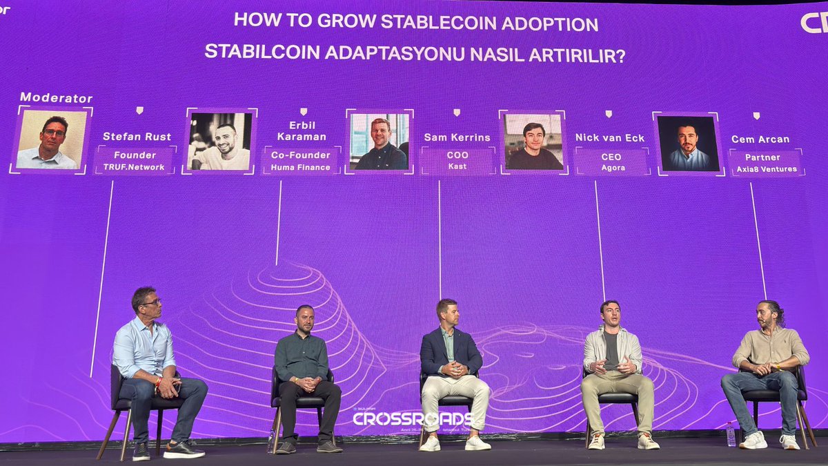 ‘How to Grow Stablecoin Adoption’ with @0xerbil, Sam Kerrins, <a href="/Nick_van_Eck/">Nick van Eck</a>, and <a href="/cemarcann/">cem 🌎 Axia8 ∞</a> was all about how stablecoins go from something you flip to something you actually use.