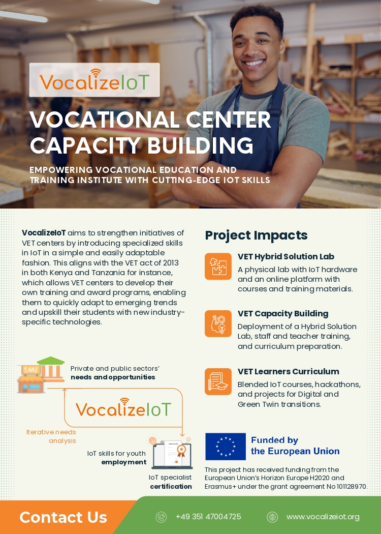 Get to learn more about the VocalizeIoT project. The projects aims to strengthen initiatives of VET centers by introducing specialized skills in IoT in a simple and easily adaptable fashion. VocalizeIoT features VET Hybrid solution labs, capacity building and learner curriculum