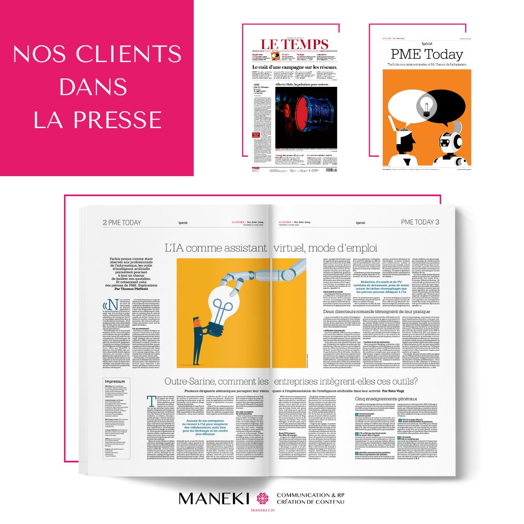 maneki_rp's tweet image. 𝗡𝗼𝘀 𝗰𝗹𝗶𝗲𝗻𝘁𝘀 𝗱𝗮𝗻𝘀 𝗹𝗮 𝗽𝗿𝗲𝘀𝘀𝗲 📰 Dans le dernier supplément du journal @LeTemps, consacré à l&apos;IA dans les PME, David Vuille, co-fondateur de Fair IT SA, a partagé sa vision et son expertise de l&apos;utilisation des outils #IA au sein des PME letemps.ch/economie/l-ia-…