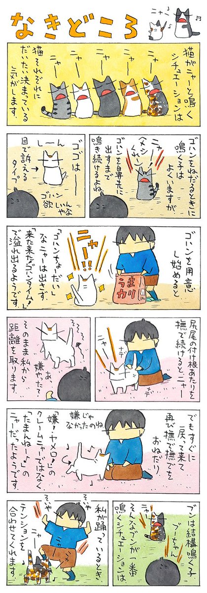 「ここでニャー」
それぞれのニャーポイント。
何のニャーか分からないときもありますが、
それはそれで、その子を知るヒント。
(久保智昭さんの「猫色スケッチブック」)つづきはこちら⇒https://t.co/0Uj9iYbSfO 