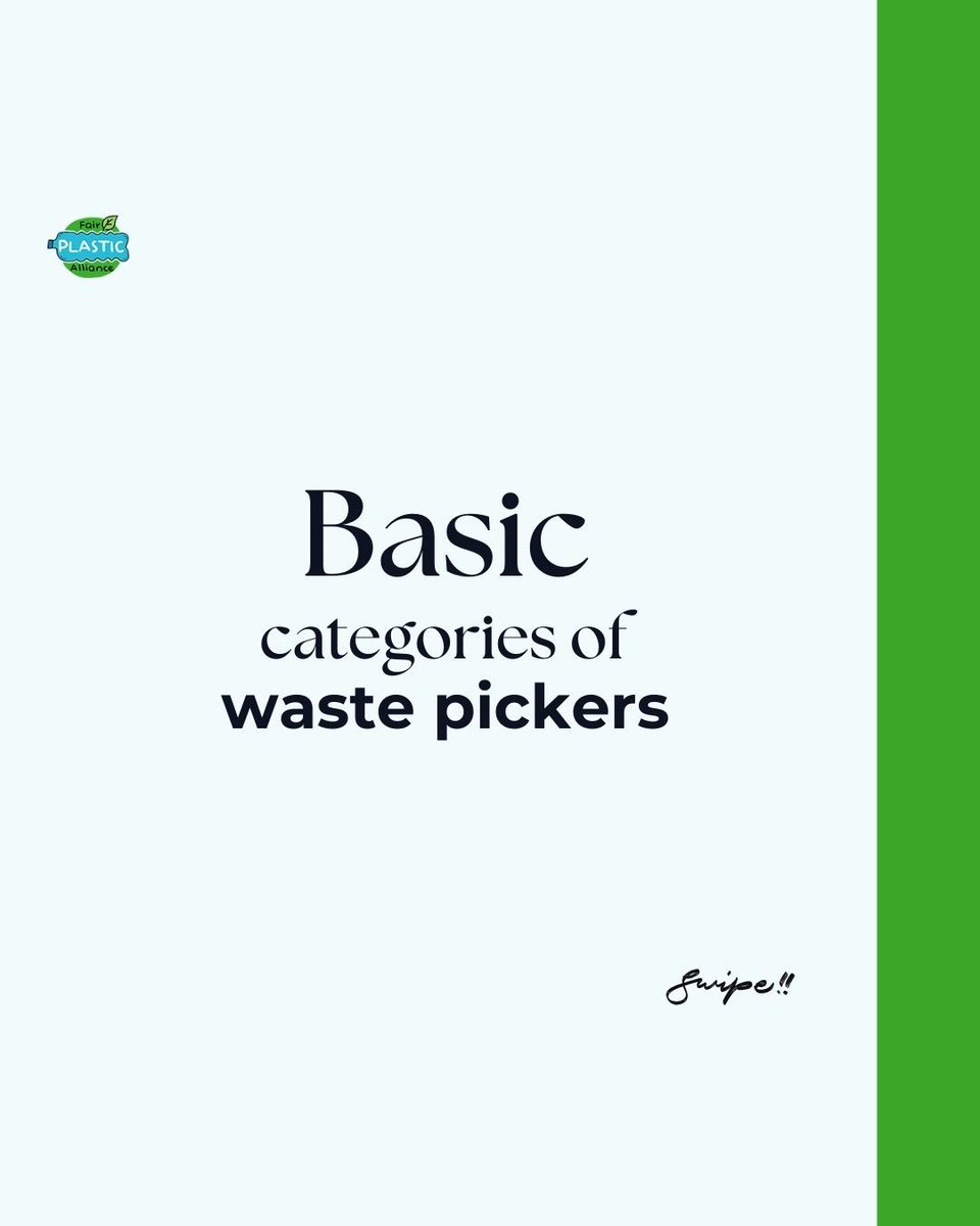 PlasticFair's tweet photo. Not all waste pickers are the same. 
Each one contributes to reducing landfill waste, promoting recycling, and supporting the circular economy. This slides breaks down the basic categories of waste pickers, because when we understand their work, we’re more likely to value it
PT1 https://t.co/36C4jRuKoo