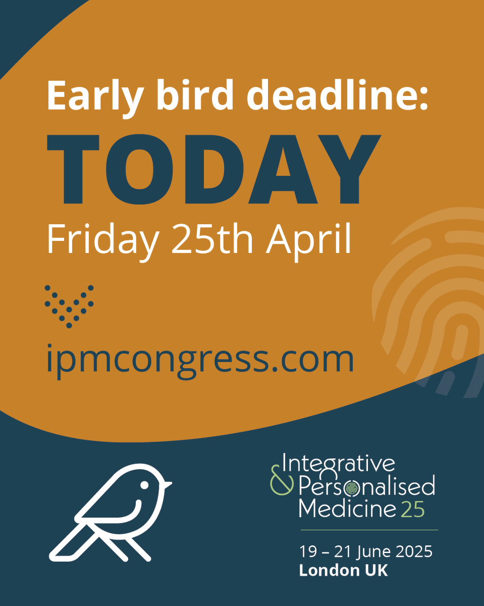 The deadline to register for early bird rates to attend the #ipmcongress is TODAY!! Friday 25th April!

Register today and join 2,500 healthcare professionals at the largest integrative &amp; personalised medicine congress in the UK!

bit.ly/ipmcongress #integrativemedicine