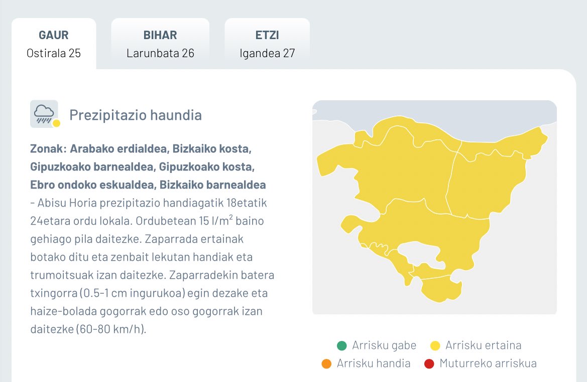 📆Apirilak 25, ostirala

🟡 #AbisuHoria

🌧️ Prezipitazio handiagatik 18etatik 24etara