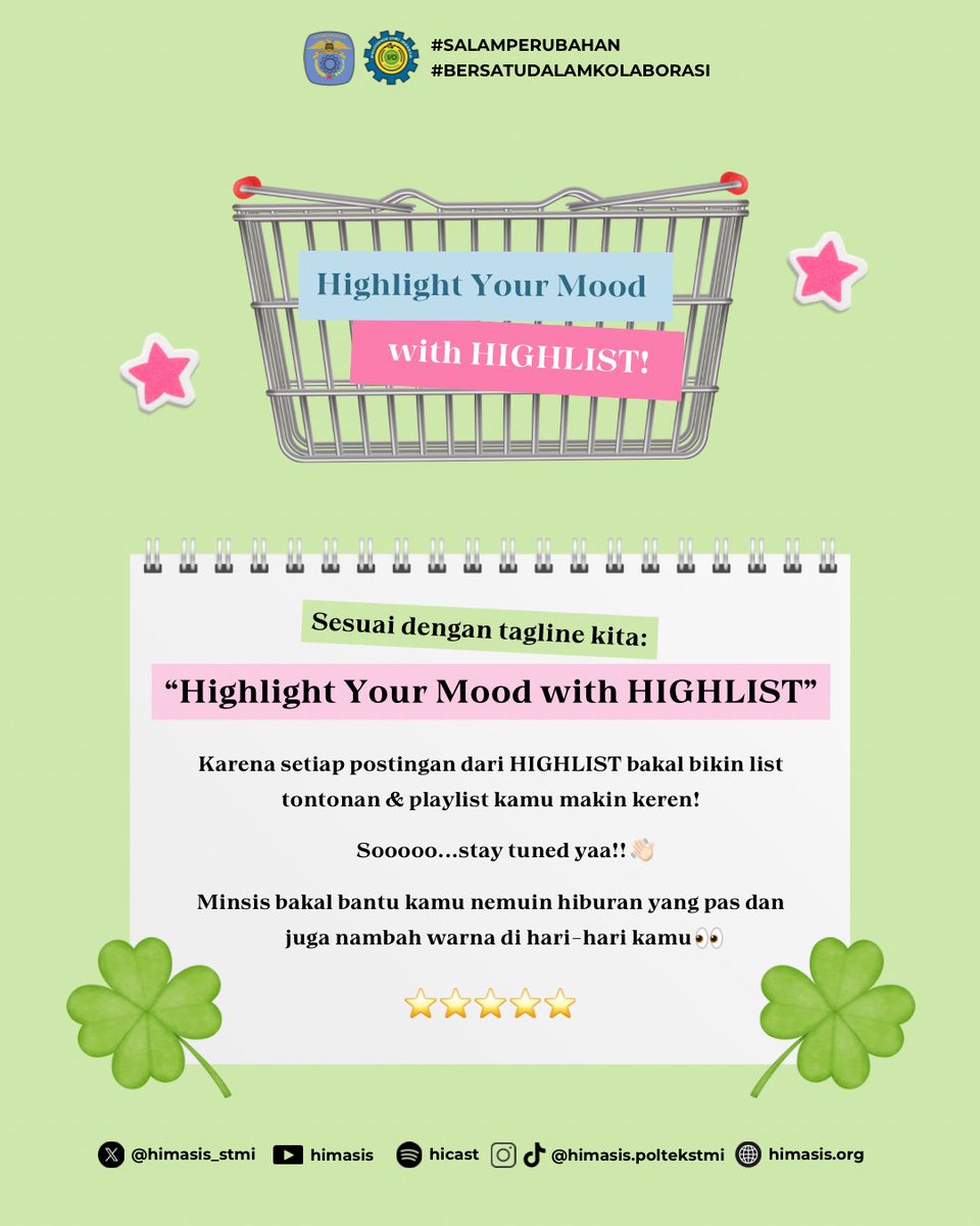 [ HIGHLIST ]

Program baru HIMASIS yang siap nemenin harimu dengan rekomendasi film &amp; musik kekinian!
Mau ketawa, nangis atau semangat nugas? Semua ada di HIGHLIST!

Stay tuned dan temukan hiburan yang pas buat mood kamu!
#SALAMPERUBAHAN
#BERSATUDALAMKOLABORASI
#HIMASISPOLTEKSTMI