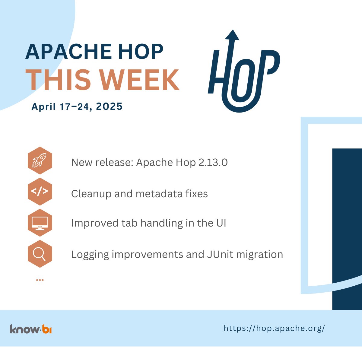 know_bi's tweet image. Another great week of contributions from know.bi to Apache Hop! Improvements include cleanup, better plugin docs, bug fixes, JUnit5 migration, and a new parallel execution action. 
Exploring Hop or migrating from PDI/Talend? 👉 know.bi/contactus
#apachehop