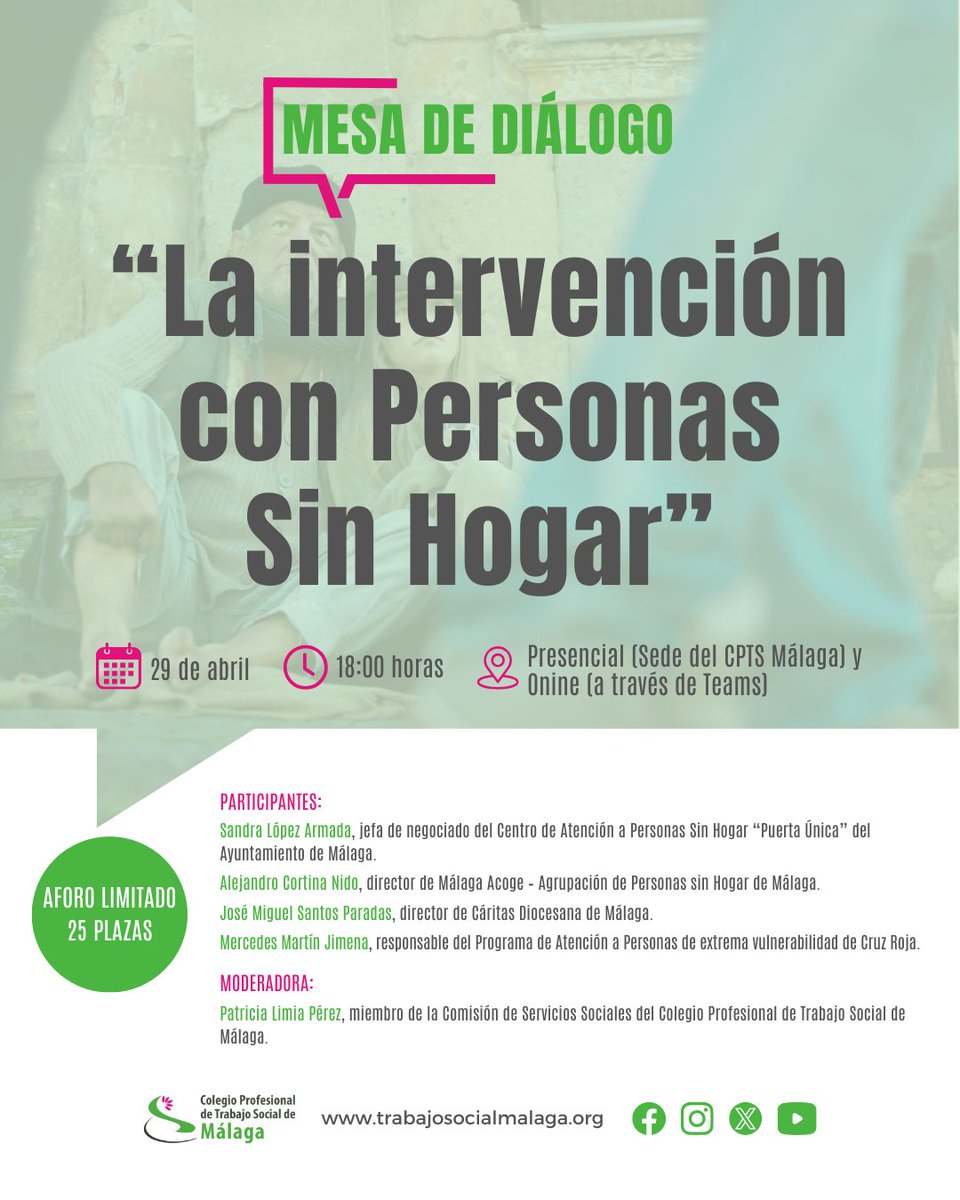 ✅Confirmadas las personas participantes en la #MesaDeDiálogo "La intervención con #PersonasSinHogar", que celebraremos el próximo martes 29 de abril a las 18:00 h. en la sede del @colegiotsmalaga

Aún puedes inscribirte. ¡¡Sólo quedan 3 plazas!!

🔗 trabajosocialmalaga.org/el-cpts-malaga…