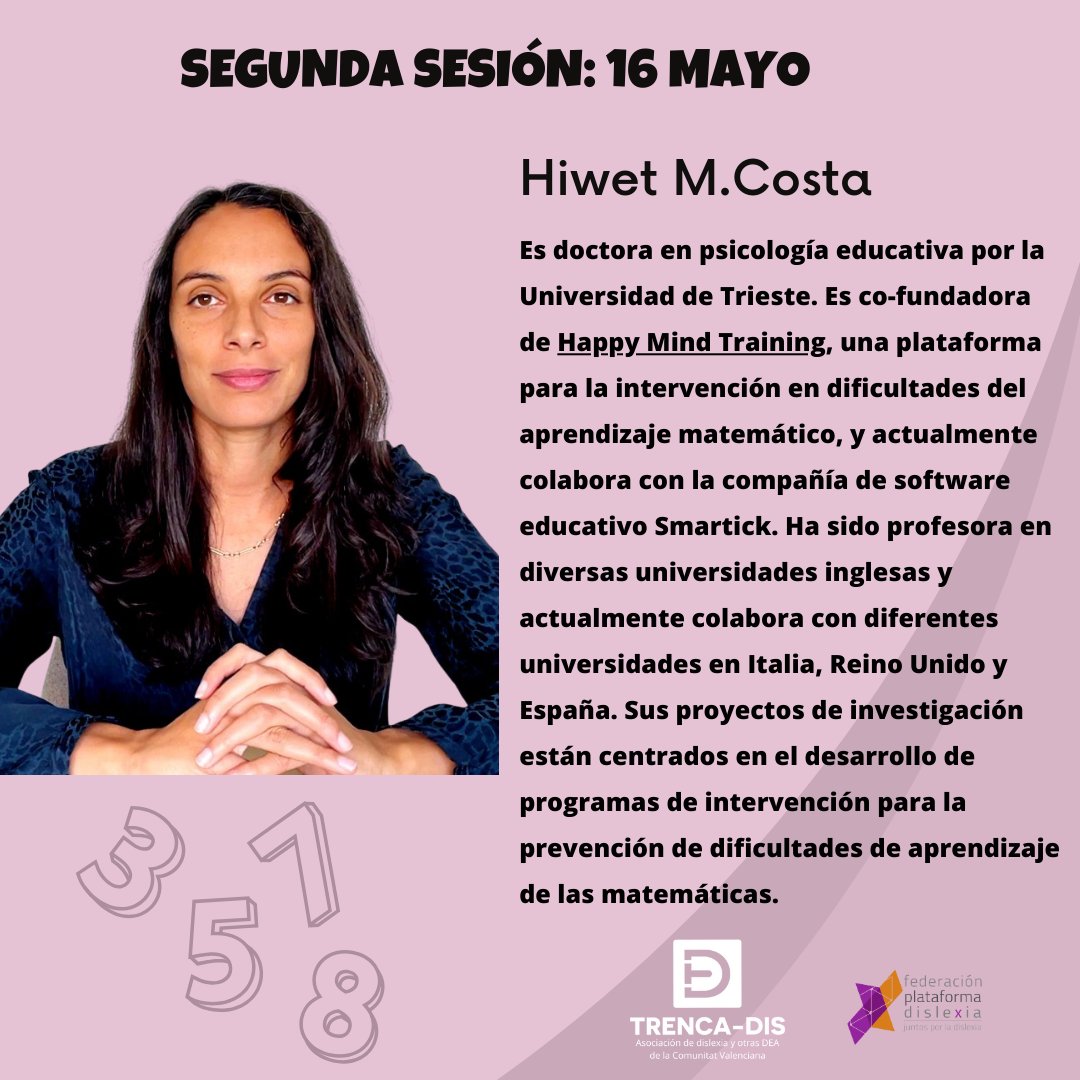 🚨 ¡Formación gratuita para personas socias de Trenca-dis!
Taller online sobre #DISCALCULIA 👇
📅 13 y 16 mayo | 17–20h
🎓 Con Javier García Orza (<a href="/InfoUMA/">Universidad de Málaga</a> ) y Hiwet M. Costa #happymindtrain
🧠 Evaluación + intervención
📌 Reserva tu plaza ya escaneando el QR o a través de este