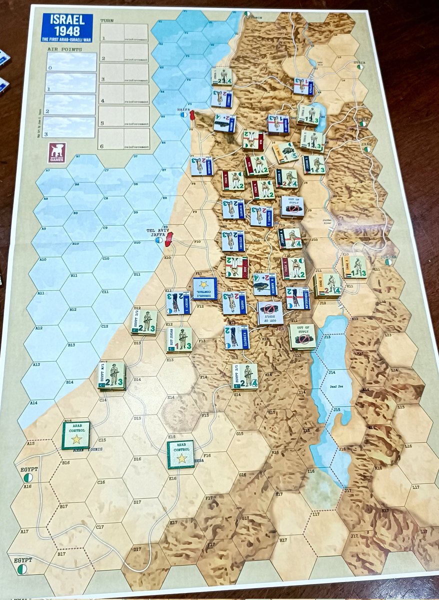Israel 1948 is a small footprint boxed game about first arab israeli war in 1948. It has 3 scenarios, and a campaign game. It is a fast and easy wargame (no political factors involved) that portrays the mixed capabilities units of both sides. Roads and supply are key factors.