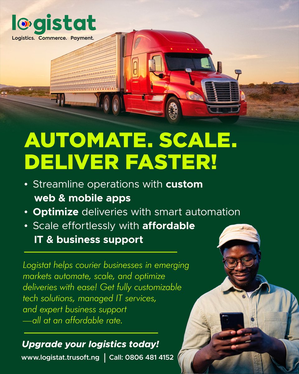 trusoftngr's tweet photo. Streamline your deliveries with Logistat.
Track, manage &amp; optimize your logistics from one smart dashboard.
✅ Real-time tracking
✅ Automated dispatch
✅ Better customer satisfaction
✅ Lower costs
Join the logistics revolution: https://t.co/wP3LoGByJ5

#Logistat https://t.co/nU97YAeHNa