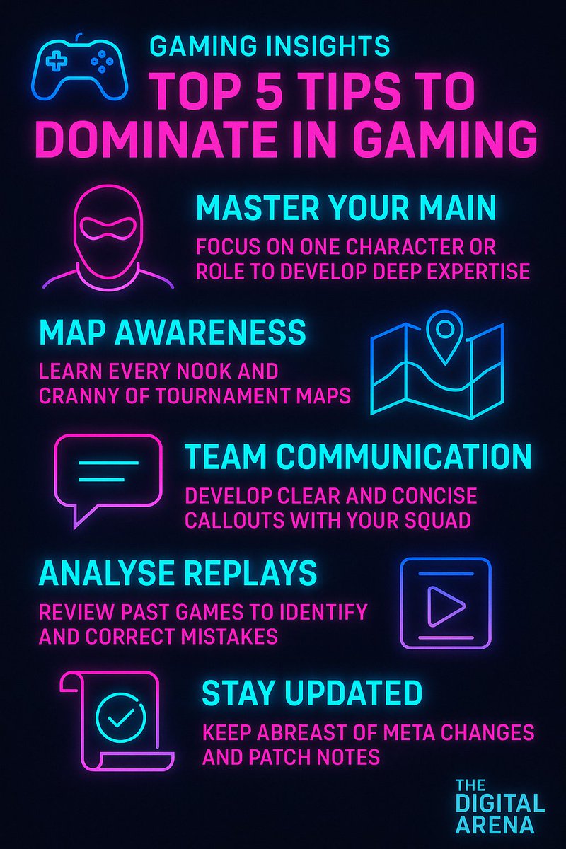 🎮 GAMING INSIGHTS
Top 5 Tips to DOMINATE your next match:
⚔️ Master Your Main
🗺️ Map Awareness
🗣️ Team Comms
🎥 Analyse Replays
📜 Stay Updated

Follow thedigitalarena.uk
#Esports #GamingTips #PlayLearnCompete #TheDigitalArena
👇 Drop your go-to strategy below!