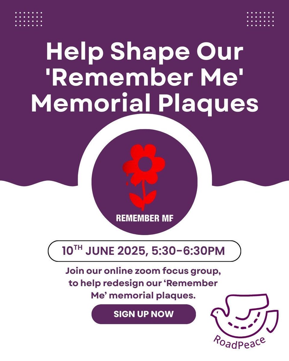 Join our special focus group Zoom meeting on June 10th (5:30–6:30 PM) to help redesign our ‘Remember Me’ memorial plaques. Together, we can create a meaningful tribute.

➡️ Email nadine.al-ahmad@roadpeace.org for more details to join

 #RememberMe #HonouringLives