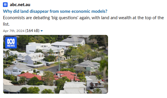 Why did land vanish from economics?

The biggest conspiracy of them all: why economics cannot - and will not - ever be able to tell you how the system works, and why

Let Australia's ABC NewsMedia point it out for you;
abc.net.au/news/2024-04-0…