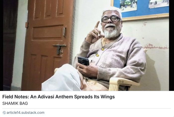 Article14live's tweet photo. A song that @shamikbag heard in Adivasi gatherings across the lands of some of India’s most disadvantaged communities is now an anthem that accompanies protests &amp; marches &amp; connected to a movement to return to an ancient religion in #Jharkhand

https://t.co/iHNi0uDXn1 https://t.co/aKvXrp68ai