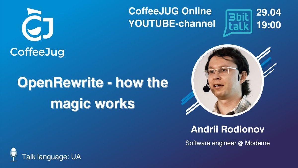 CoffeeJug (@coffeejug) on Twitter photo Hi! Join us on 29th April for a free online CoffeeJUG event: OpenRewrite - how the magic works by <a href="/AndriiRodionov/">Andrii Rodionov</a>, Software Engineer @ Moderne. FREE Entrance (pre-registration): forms.gle/kQR7yKWRs91nEe…
#CoffeeJUG #JUG #OpenRewrite Hi! Join us on 29th April for a free online CoffeeJUG event: OpenRewrite - how the magic works by <a href="/AndriiRodionov/">Andrii Rodionov</a>, Software Engineer @ Moderne. FREE Entrance (pre-registration): forms.gle/kQR7yKWRs91nEe…
#CoffeeJUG #JUG #OpenRewrite