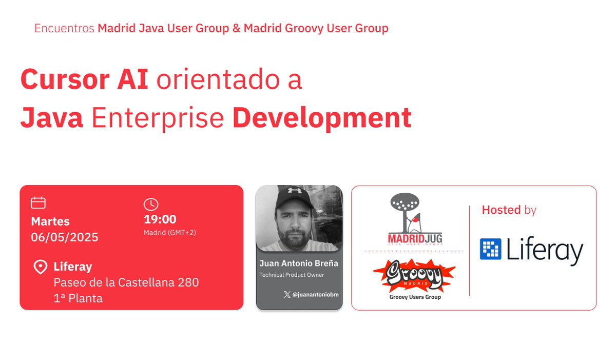 🚨 Nuevo meetup 🚨

⭐️ Cursor AI orientado a Java Enterprise Development
🗣️ Juan Antonio Breña <a href="/juanantoniobm/">Juan Antonio Breña 🇪🇸🇪🇺</a>

📅 Martes 6 May 19:00
📍 Oficinas de Liferay

🧑🏼‍🤝‍🧑🏼 meetup.com/madrid-gug/eve…