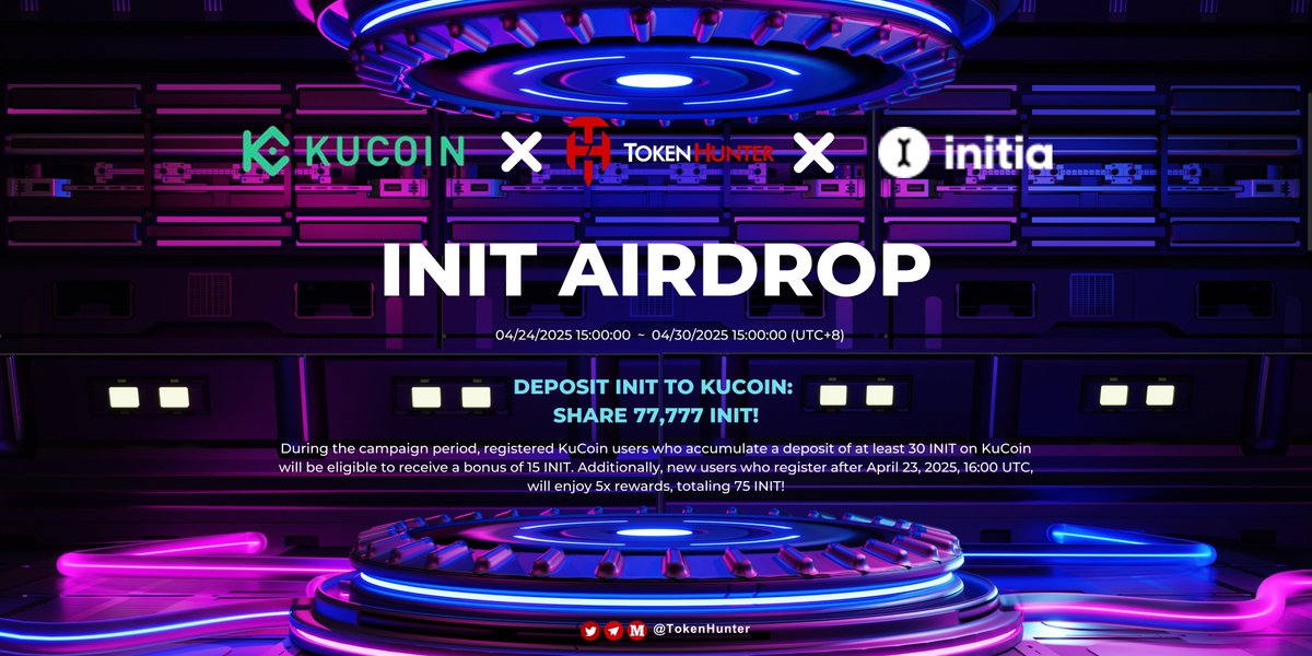 _TokenHunter's tweet photo. 🚀 @_TokenHunter  x @kucoincom  x @initia Deposit Campaign! Share 77,777 INIT! 🎉

🎁 Rewards:
🔺Get 15 INIT for depositing 30+ INIT!
🔺New users (registered after Apr 23, 2025, 16:00 UTC) enjoy 5x rewards = 75 INIT!

💰 How to Join:
🔺Sign up on KuCoin: https://t.co/Iv7ViEISf3
🔺Complete KYC verification
🔺Deposit at least 30 INIT to KuCoin

📅 When: Apr 24, 2025, 15:00 – Apr 30, 2025, 15:00 (UTC+8)

⚠️ Note:
🔺Total pool: 77,777 INIT (first come, first served).
One reward per user.
🔺Rewards distributed instantly or within 3 days post-event.
🔺Don’t miss out! Deposit now and grab your share! 💪
#KuCoin #INIT #CryptoRewards #Airdrop #Giveaway