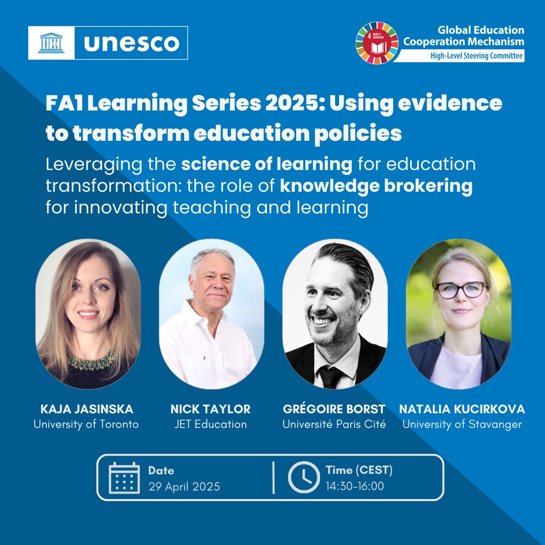 Education 2030 (@education2030un) on Twitter photo 🧠 The science of learning holds the key to effective education policies, curricula designs, teaching methods and assessment practices. Yet, turning research into real classroom impact remains a challenge.
Join members of <a href="/UNESCO/">UNESCO 🏛️ #Education #Sciences #Culture 🇺🇳</a>’s Global Alliance on the Science of Learning for 🧠 The science of learning holds the key to effective education policies, curricula designs, teaching methods and assessment practices. Yet, turning research into real classroom impact remains a challenge.
Join members of <a href="/UNESCO/">UNESCO 🏛️ #Education #Sciences #Culture 🇺🇳</a>’s Global Alliance on the Science of Learning for