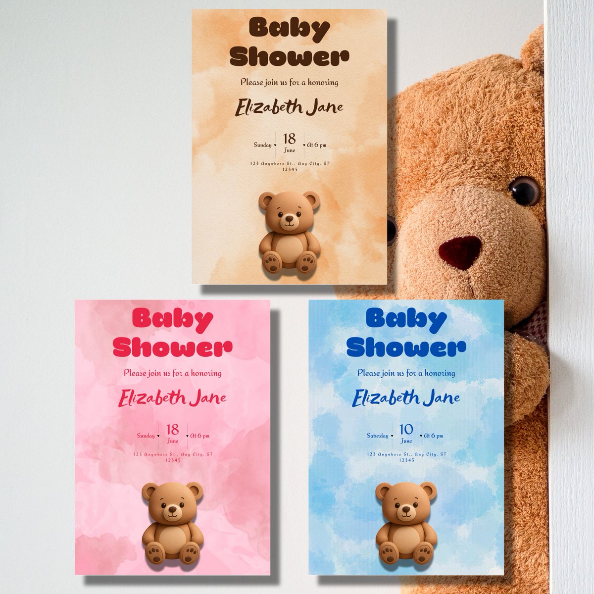 mermelartdesign's tweet photo. Planning a baby shower? 🧸
These editable Canva invitations come in blue, pink & brown – ready for printing or digital sharing.
Instant access. Easy to customize. Too cute to skip.
🖼️https://t.co/vZqH19CiiH
#babyshower #editableinvite #teddybeardecor #canvatemplate https://t.co/Z7BM56LIfE