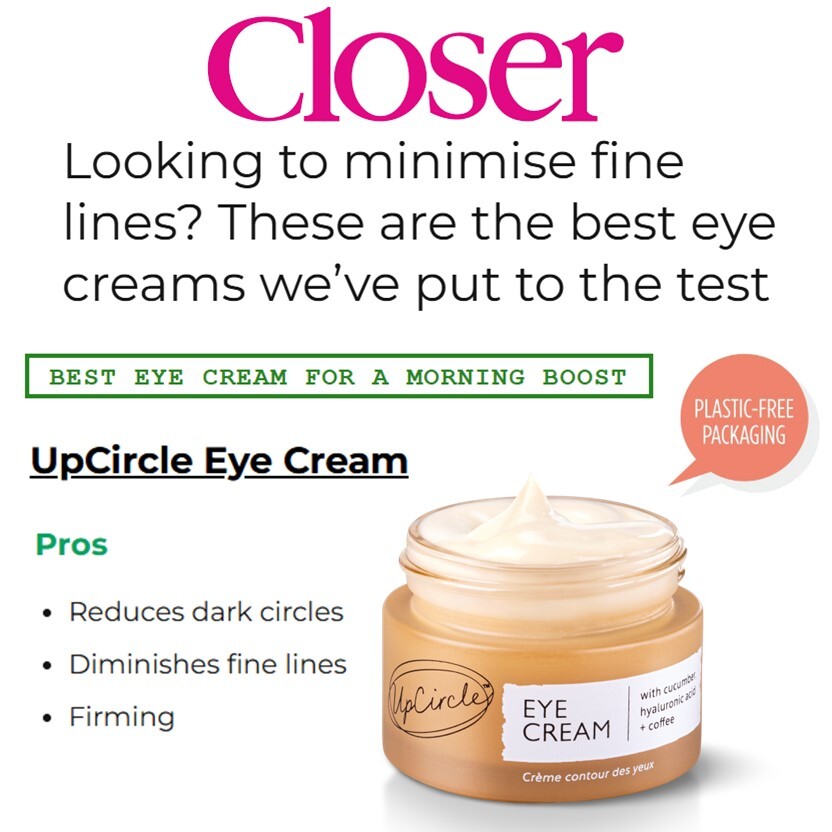 Our Eye Cream just got featured as one of the best by Closer Online. Packed with hyaluronic acid + upcycled coffee oil, it hydrates, firms, and smooths! 🤩
