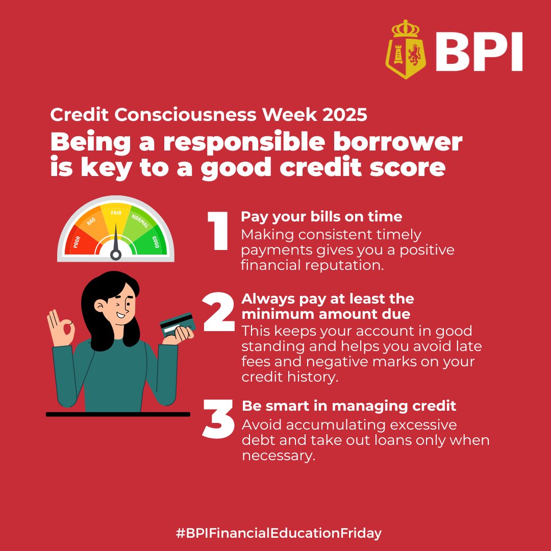 TalktoBPI's tweet photo. #BPIFinancialEducationFriday: This #CreditConsciousnessWeek, here’s your reminder that credit isn’t bad – but it requires being a responsible borrower to make sure it doesn’t get out of hand.
Read more here: https://t.co/dqW8uuhsqA https://t.co/3OykZoOvn2