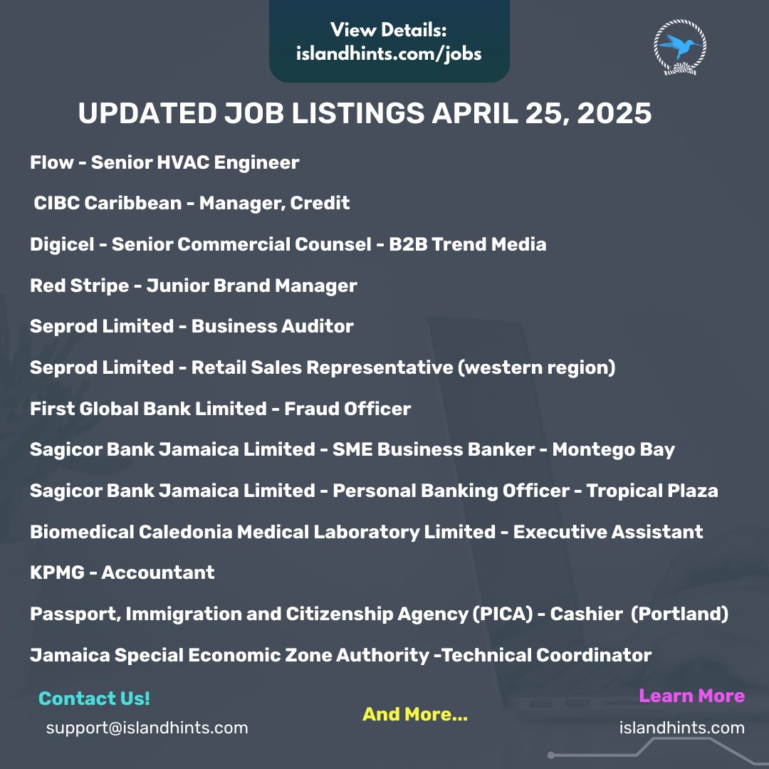 Explore these new career opportunities:

🔗 Apply Now: islandhints.com/jobs

⚠️ Applications cannot be submitted on our website. Follow the job listing for full details.

👥 Tag someone who needs this &amp; follow <a href="/islandhints/">Islandhints</a> for daily job updates!

#JobsInJamaica #IslandHints