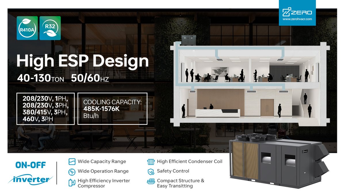 ZeroTechHolding's tweet photo. ZERO Rooftop package unit
Wide Capacity Range
Wide Operation Range
High Efficiency Inverter Compressor
High Efficient Condenser Coil
Safety Control
Compact Structure &amp; Easy Transiting
#ZERO #hvacsolutions #hvac #airconditioner #HVAC #ZEROAC #ZEROairconditioners #ZEROaircondition https://t.co/LW8kA25L2u