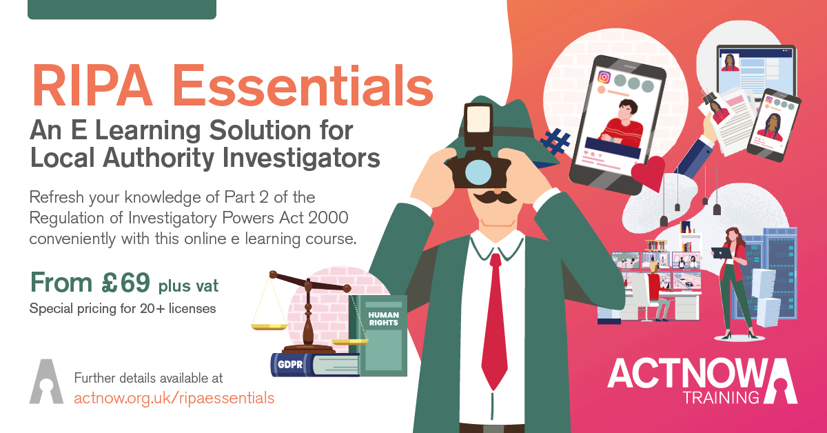 Dive into RIPA Essentials: the ultimate online training for local authority investigators. Learn about surveillance types, the authorisation process, social media monitoring, and more! Plus, ask us about our complimentary review license. #RIPA 

actnow.org.uk/ripaessentials