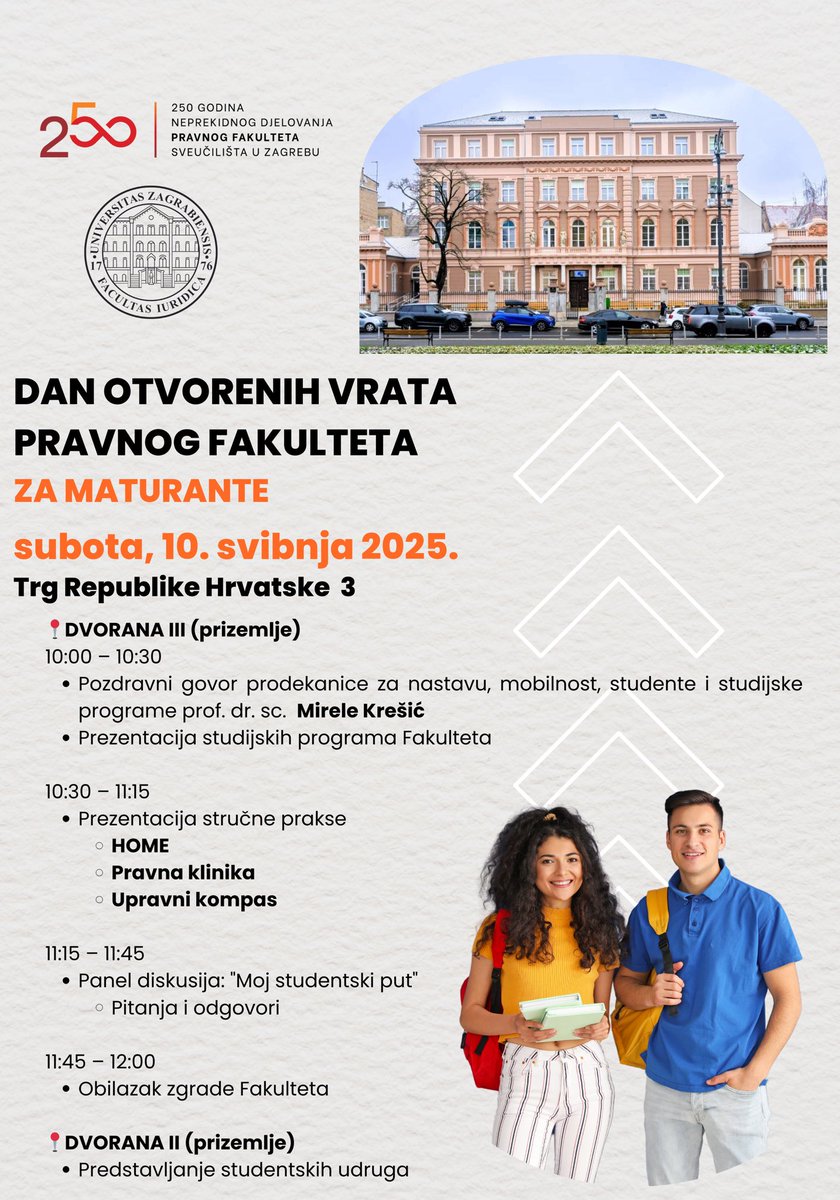 Pravni fakultet Sveučilišta u Zagrebu (@pfzagreb) on Twitter photo 🎓 Dan otvorenih vrata <a href="/PFZagreb/">Pravni fakultet Sveučilišta u Zagrebu</a>
📅 Subota, 10. 5. 2025.
📍 Trg Republike Hrvatske 3
🕙 10:00 h
Zanima te studij prava, javne uprave, porezni studij ili studij socijalnog rada?
Upoznaj programe, studente i profesore – i sve to uživo!
pravo.unizg.hr/novosti/dan-ot… 🎓 Dan otvorenih vrata <a href="/PFZagreb/">Pravni fakultet Sveučilišta u Zagrebu</a>
📅 Subota, 10. 5. 2025.
📍 Trg Republike Hrvatske 3
🕙 10:00 h
Zanima te studij prava, javne uprave, porezni studij ili studij socijalnog rada?
Upoznaj programe, studente i profesore – i sve to uživo!
pravo.unizg.hr/novosti/dan-ot…