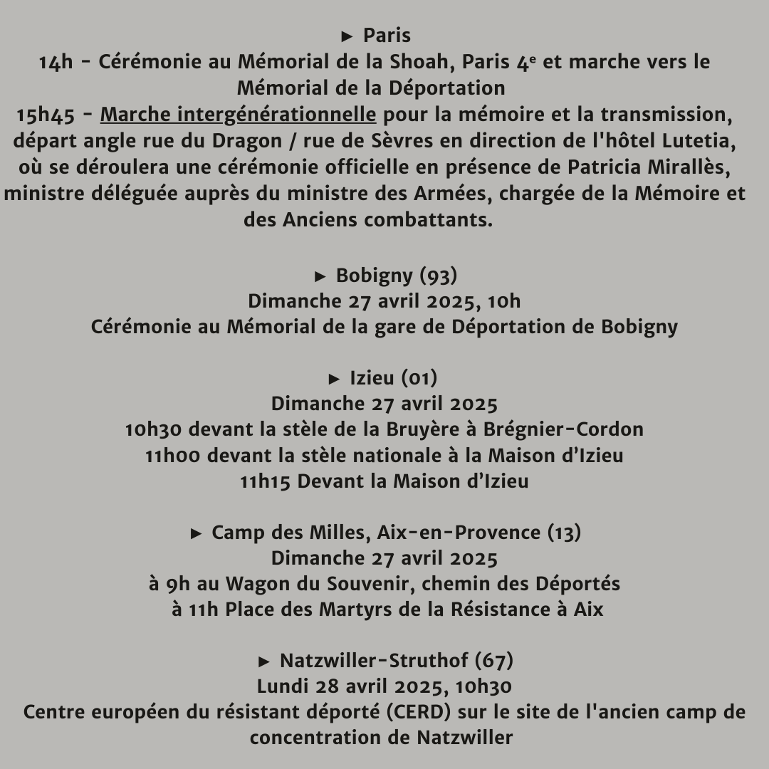 #Commémoration Depuis 1954, la Journée nationale du souvenir des victimes et des héros  de la déportation se tient le dernier dimanche d’avril. 

Cette année, de  nombreuses cérémonies se tiendront donc dimanche 27 avril. 
Plus d'infos sur notre site 👇

fondationshoah.org/commemorations…
