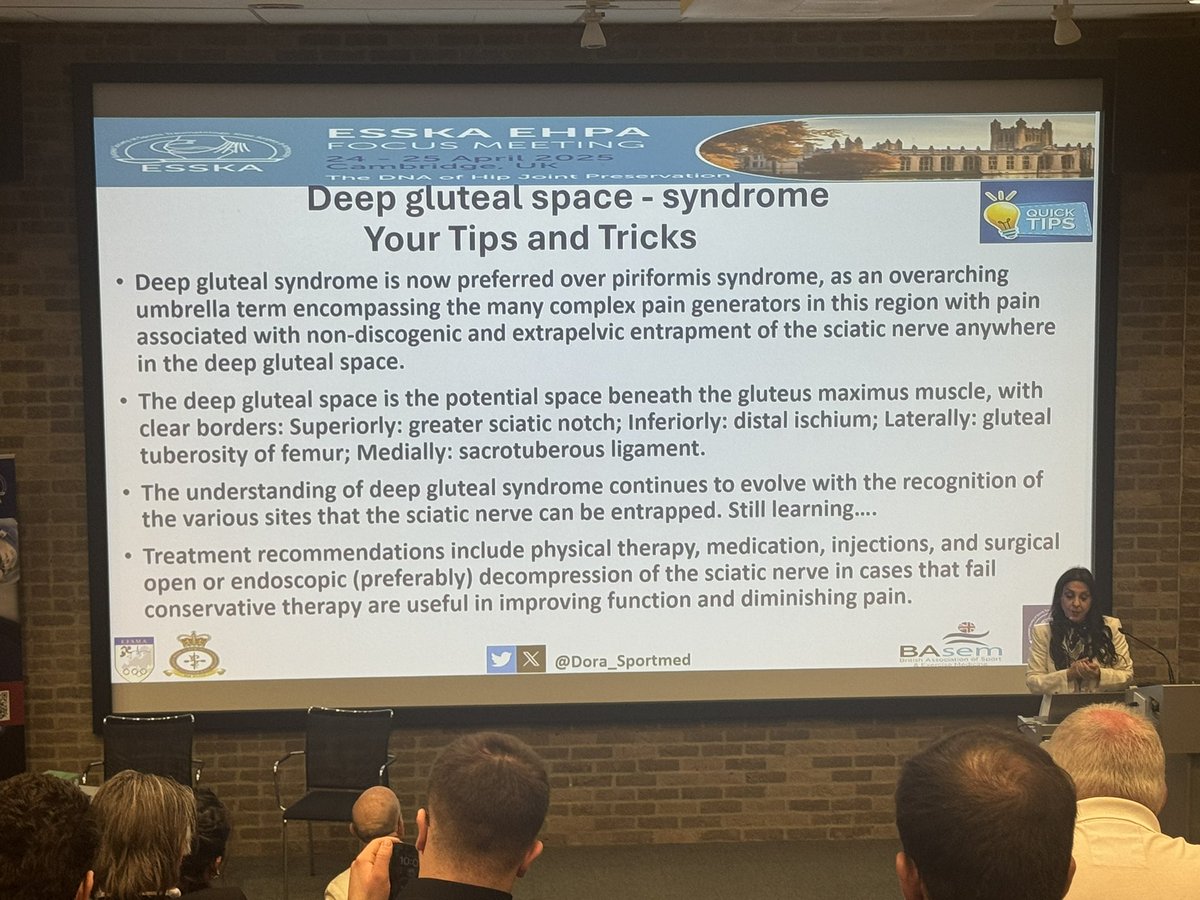 The incredible, inspiring superstar that is <a href="/Dora_Sportmed/">Dr Dora Papadopoulou</a> giving all the evidence and pearls of wisdom on Deep Gluteal Syndrome. <a href="/ESSKA_society/">ESSKA_society</a> <a href="/EhpaEsska/">ESSKA-EHPA</a>