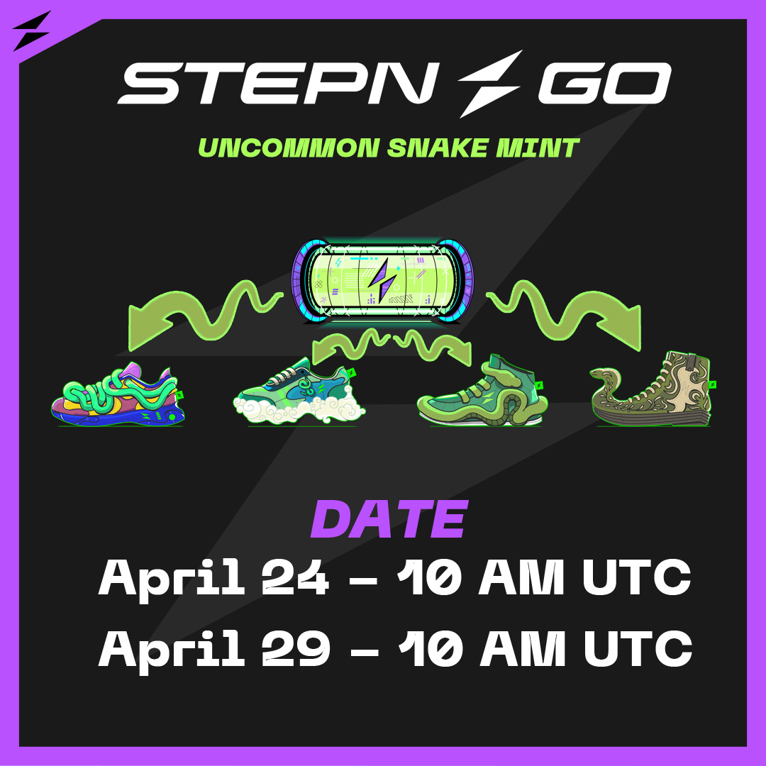 DailyM2Edose's tweet photo. 🐍 THE SNAKE-CHARMED UNCOMMON MINTING EVENT IS HERE! 🐍

April 24, 10 AM UTC → April 29, 10 AM UTC

In honor of the Year of the Snake, #STEPNGO unleashes a limited-time flash event that blends 🔥 style, 🎲 odds, and 🧪 strategy.

Whether you're here to flex, flip, or farm, you won't want to miss this one. Here's everything you need to know 🧵⬇️

🎯 THE GOAL?
Score an Uncommon Sneaker during the event window and get rewarded with a limited-edition Snake-Charmed skin, automatically applied 🐍✨

- 4 exclusive skin designs available
- Only on newly minted Uncommons during the event
- Once it ends… they’re gone. Forever.

📦 DROP RATE MECHANICS:
🔹 3% chance to mint an Uncommon from a Common Shoebox
🔹 This includes Shoeboxes minted before the event, as long as they’re opened during the event window 🕰️
🔹 Want better odds?

Mint using Uncommon sneakers, your chances of pulling another Uncommon just got a boost 📈

🐾 WHY IT MATTERS:
✔️ The Snake-Charmed skins are cosmetic exclusives
✔️ They cannot be earned outside this event
✔️ Your Uncommon will stand out in the marketplace & on-chain
✔️ Community buzz = high demand for rare skins
✔️ Skin = flex, rarity = value 💎

💡 TIPS TO MAXIMIZE YOUR SHOT:
✅ Have Shoeboxes? Open them now.
✅ No Shoeboxes? Time to mint!
✅ Want better odds? Pair Uncommon + Uncommon if you can 🧬
✅ Share your mint results to ride the hype wave 🌊

🧠 REMEMBER:
There’s no button, no special setting, and no extra cost. If your mint hits Uncommon during the event, the Snake skin is yours 🐍💥

🔁 Ready to mint?
📸 Post your Snake-Charmed kicks

Let’s get slithering… 🐍🔥
Mint. Transform. Flex.

Until then, it’s mystery, luck, and magic 👀
Be the first to flex all 4 designs and watch your feed light up 💫

More details: https://t.co/DygmBx0XTq

#STEPNGO #UncommonSneaker #SnakeCharm  #FSL #STEPN #MOOAR @fslweb3 @Stepnofficial @mooarofficial