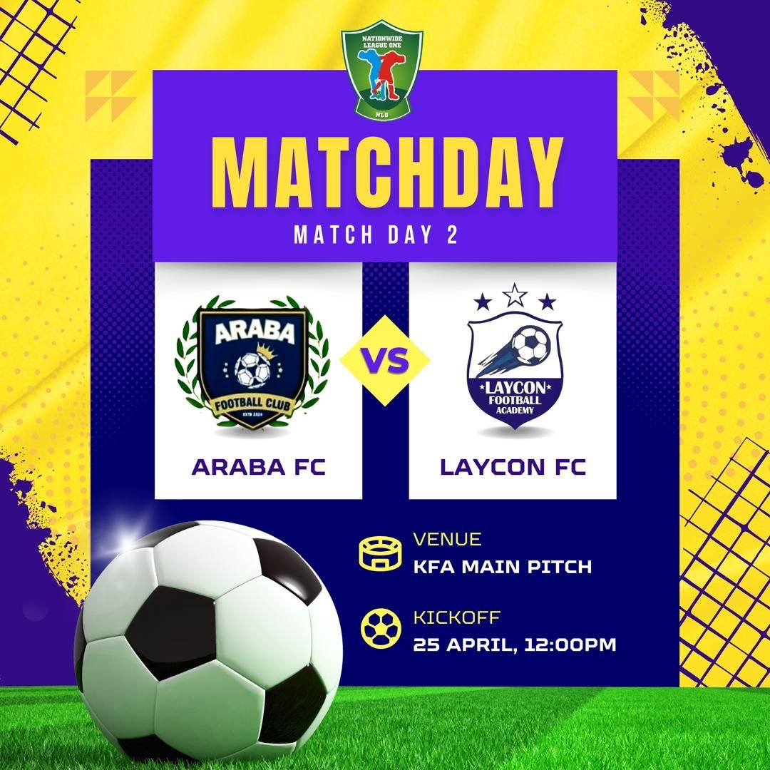 It's Match Day 2 in the Nationwide League One (NLO) and we are up against Laycon FC. 

ArabaFC will be playing for maximum points starting by 12pm at the KFA Main Pitch.  

Come, cheer us on.  

#ArabaFc