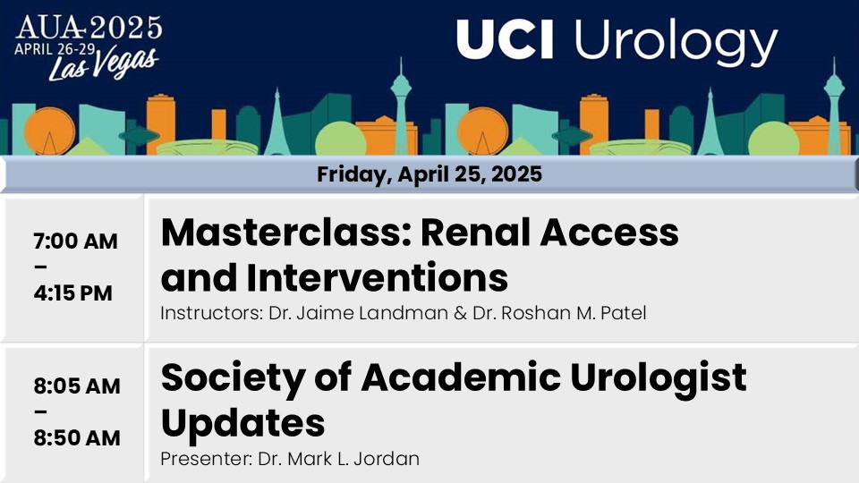 UCI Urology (@uci_urology) on Twitter photo <a href="/AmerUrological/">Amer. Urol. Assn.</a> #AUA25 Friday, April 25
<a href="/UCI_Urology/">UCI Urology</a> Features: <a href="/jaimelandmanuci/">Jaime Landman</a> <a href="/RoshanPatel_MD/">Roshan Patel, MD</a> <a href="/jordanmlj/">Mark Jordan</a> <a href="/AmerUrological/">Amer. Urol. Assn.</a> #AUA25 Friday, April 25
<a href="/UCI_Urology/">UCI Urology</a> Features: <a href="/jaimelandmanuci/">Jaime Landman</a> <a href="/RoshanPatel_MD/">Roshan Patel, MD</a> <a href="/jordanmlj/">Mark Jordan</a>