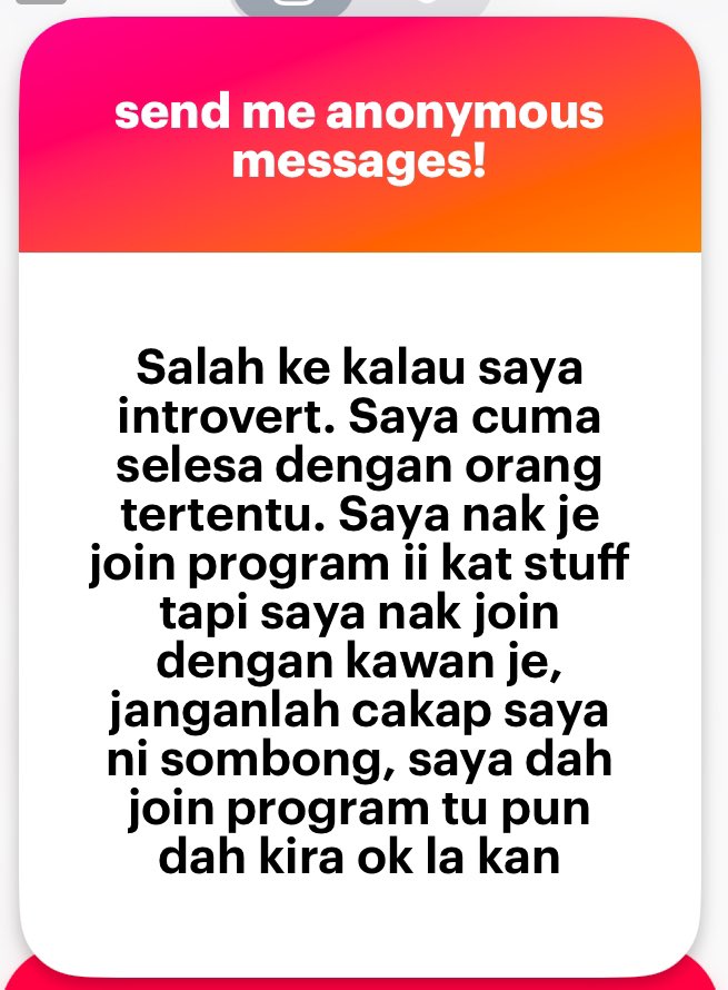 Tak salah pun being introvert, semua orang ada comfort zone sendiri. Kalau awak rasa lebih selesa join dengan kawan, that’s totally okay. Takpe yang penting awak tahu niat sendiri. Proud of you for showing up 🫶🏻

#STUFFConfession
#STUFFeelinTea
#STUFFIIUM