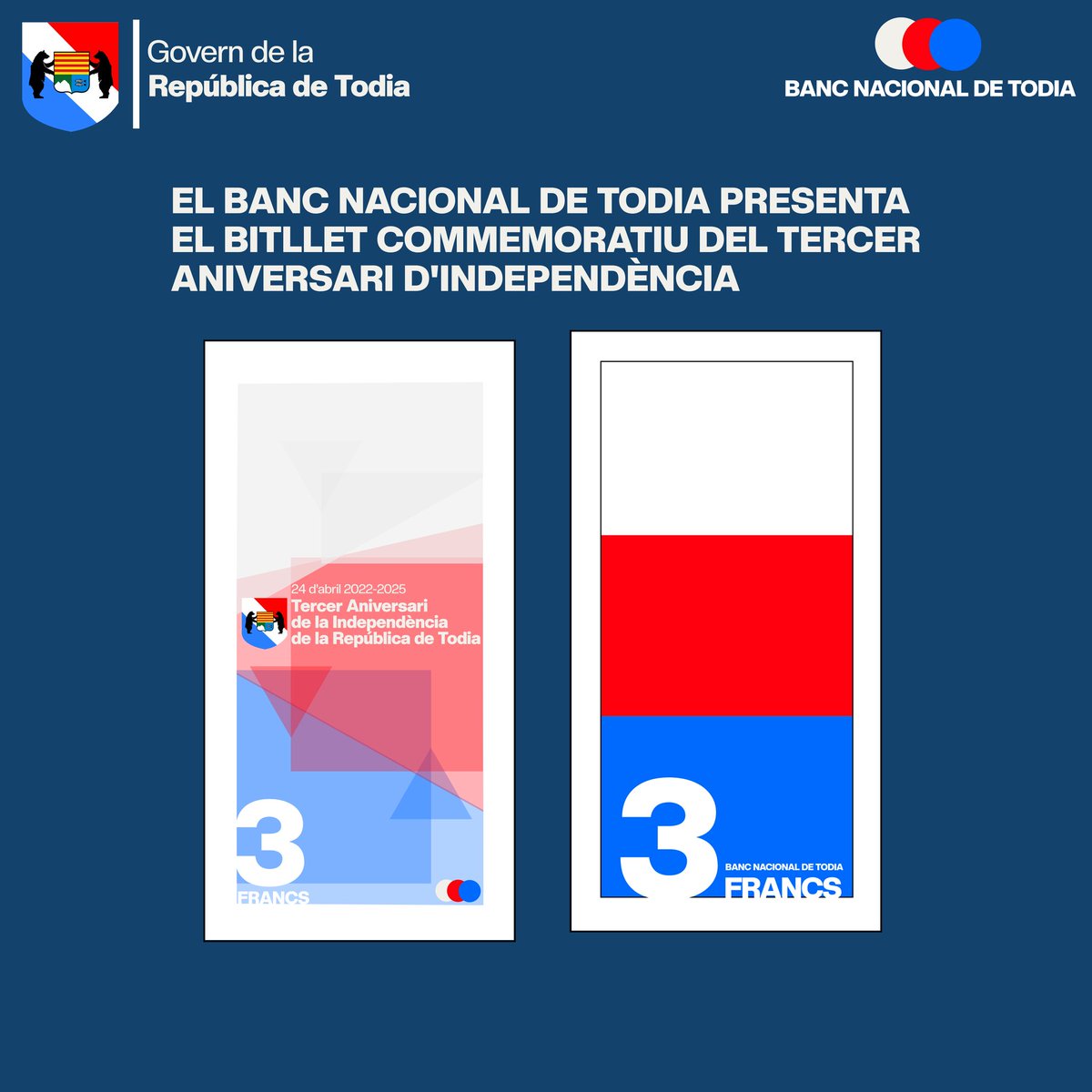 We thank very much <a href="/marcelodng/">Marcelo Daniel</a>, who honored the third anniversary of our country with this wonderful commemorative 3 Franc note. We thank him again for this wonderful tribute.

#Todia
#Tribute
#Micronations