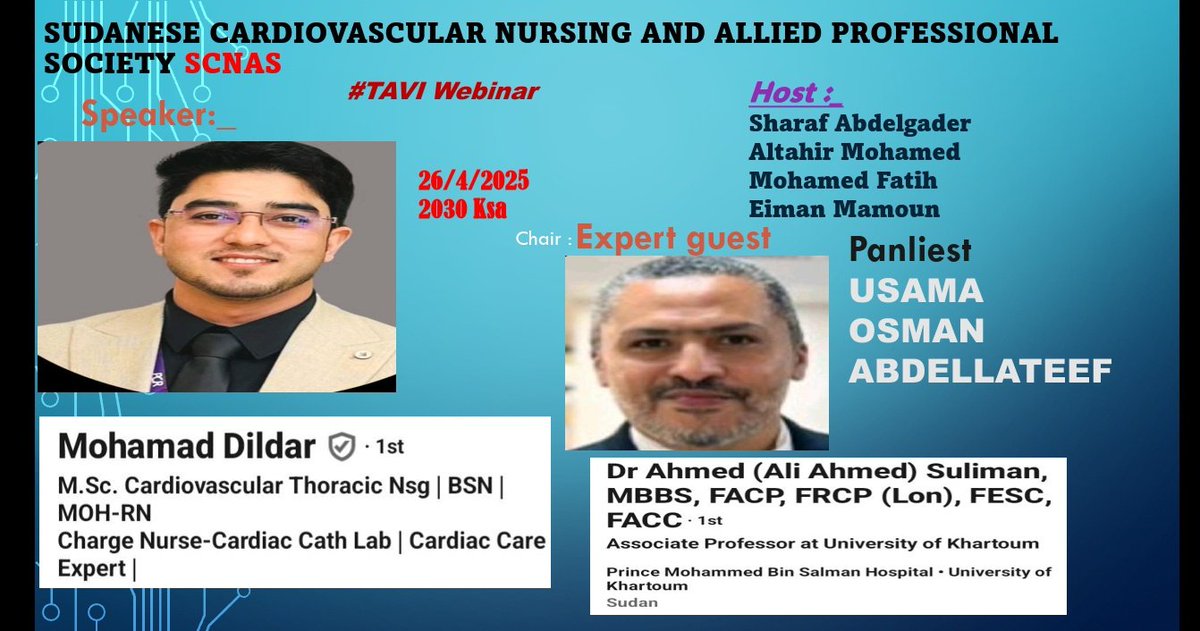 abdellateefMohm's tweet photo. #TAVI #SCNAS wbinar. Sat 26/4/2025 20:30pm ksa time
@Sudanheartgroup @escardio @ACNAPPresident @PCRonline @Mohannad_oq @mirvatalasnag @GisGulf @mirvatalasnag https://t.co/Qm9tSfvt9N