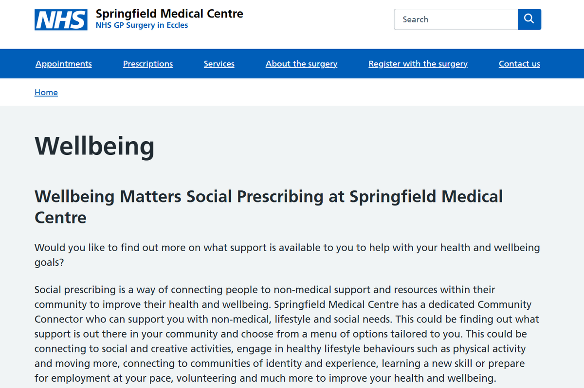 Wellbeing Matters Salford (@matterssalford) on Twitter photo Our first practice <a href="/Springfieldmedc/">Springfield Medical Centre</a> featuring Wellbeing Matters social prescribing on their website, to empower patients to think about support available in their community. Thanks Springfield MP for leading the way and hitting your Salford Standard measure! #Salford #Community Our first practice <a href="/Springfieldmedc/">Springfield Medical Centre</a> featuring Wellbeing Matters social prescribing on their website, to empower patients to think about support available in their community. Thanks Springfield MP for leading the way and hitting your Salford Standard measure! #Salford #Community