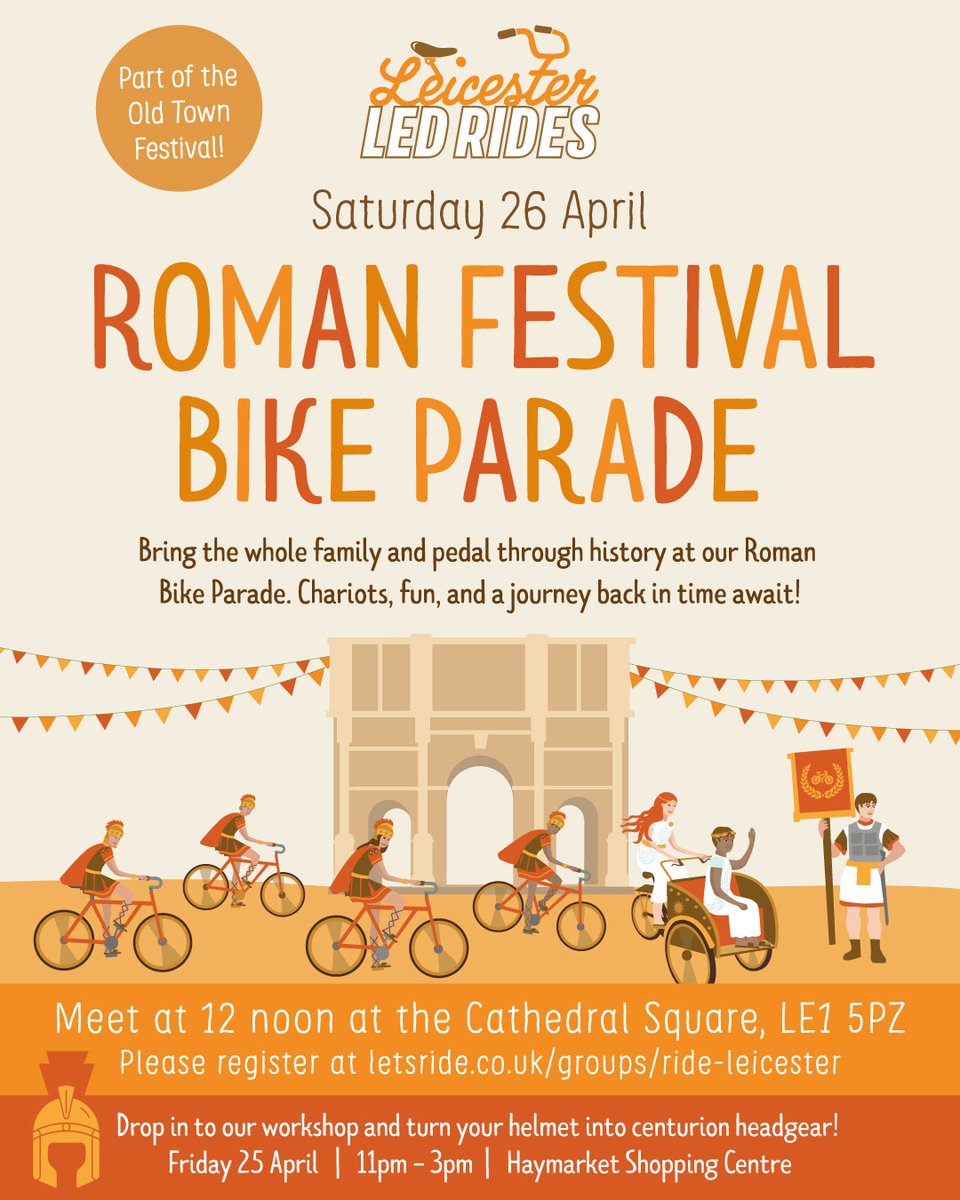 visit_leicester's tweet photo. This weekend's Old Town Festival features a real Roman Bike Parade with 'chariots' that have been made throughout the week! Pedal through time on Saturday and join the parade from 12noon outside Leicester Cathedral. Come and be part of history!
#LeicesterEvents #BikeParade https://t.co/DcA9ZkKU2o