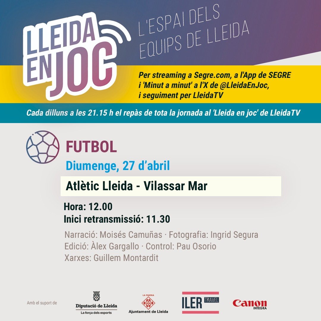 💥 TRIPLE CARRUSEL de FUTBOL a #LleidaEnJoc⚽️

📆 Diumenge, 12h: El <a href="/LleidaCF/">Lleida CF</a> rep al <a href="/RCDE_La21/">RCD Espanyol Futbol Base - Dani Jarque | La21</a>!
#LleidaEspanyolB

📆 Diumenge, 12h: L'<a href="/atletic_lleida/">Atlètic Lleida</a> rep al <a href="/UEVilassardeMar/">U.E. Vilassar de Mar</a>!
#AtlèticLleidaVilassarMar

📆 Diumenge, 12h: La <a href="/SEAEM_1925/">Secció Esportiva AEM</a> visita a l'<a href="/AlhamaElPozo/">Alhama ElPozo</a>!
#AlhamaAEM