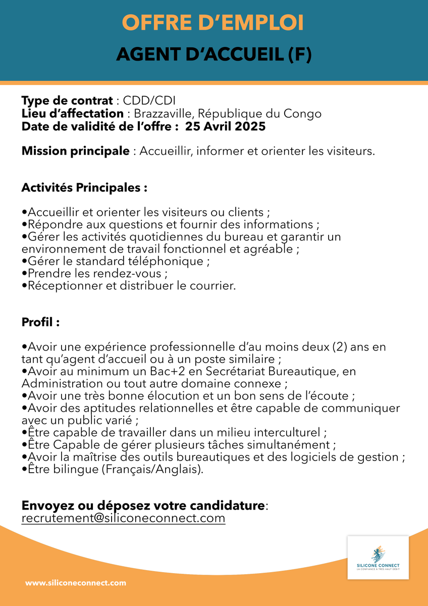 𝗥𝗘𝗣𝗢𝗦𝗧

🚨 Silicone Connect recrute !
📍 Agent d’Accueil – Brazzaville
🙋‍♀️ Candidatures féminines encouragées
🕛 Deadline : ce 25 avril à 23h59 !
📩 CV + LM ➡️ recrutement@siliconeconnect.com

#ChezMoiAuCongo #Recrutement #Emploi #WeAreSiliconeConnect