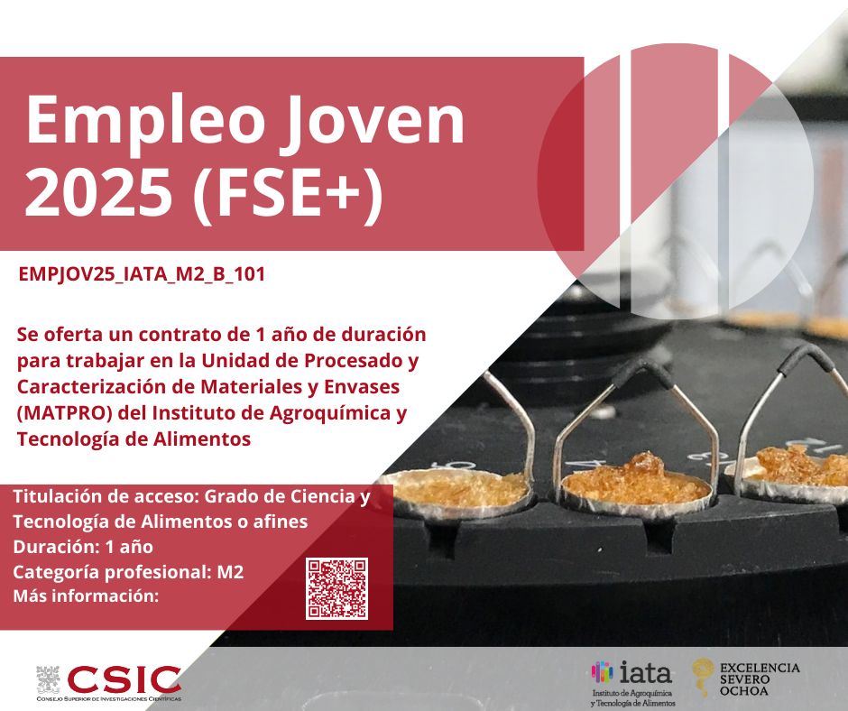 Packaging Group (@foodpackgroup) on Twitter photo Si tienes menos de 30 años y título de Grado, hasta el 9/5 ⌛️puedes solicitar la oferta EMPJOV25_IATA_M2_B_101 para unirte mediante contrato de 1 año a MATPRO biofun.csic.es/matpro/ en el <a href="/iata_csic/">IATA CSIC</a>
Solicita 👉convocatorias.csic.es/convoca/
Info convocatoria ℹ️sitios.csic.es/web/sede/convo… Si tienes menos de 30 años y título de Grado, hasta el 9/5 ⌛️puedes solicitar la oferta EMPJOV25_IATA_M2_B_101 para unirte mediante contrato de 1 año a MATPRO biofun.csic.es/matpro/ en el <a href="/iata_csic/">IATA CSIC</a>
Solicita 👉convocatorias.csic.es/convoca/
Info convocatoria ℹ️sitios.csic.es/web/sede/convo…